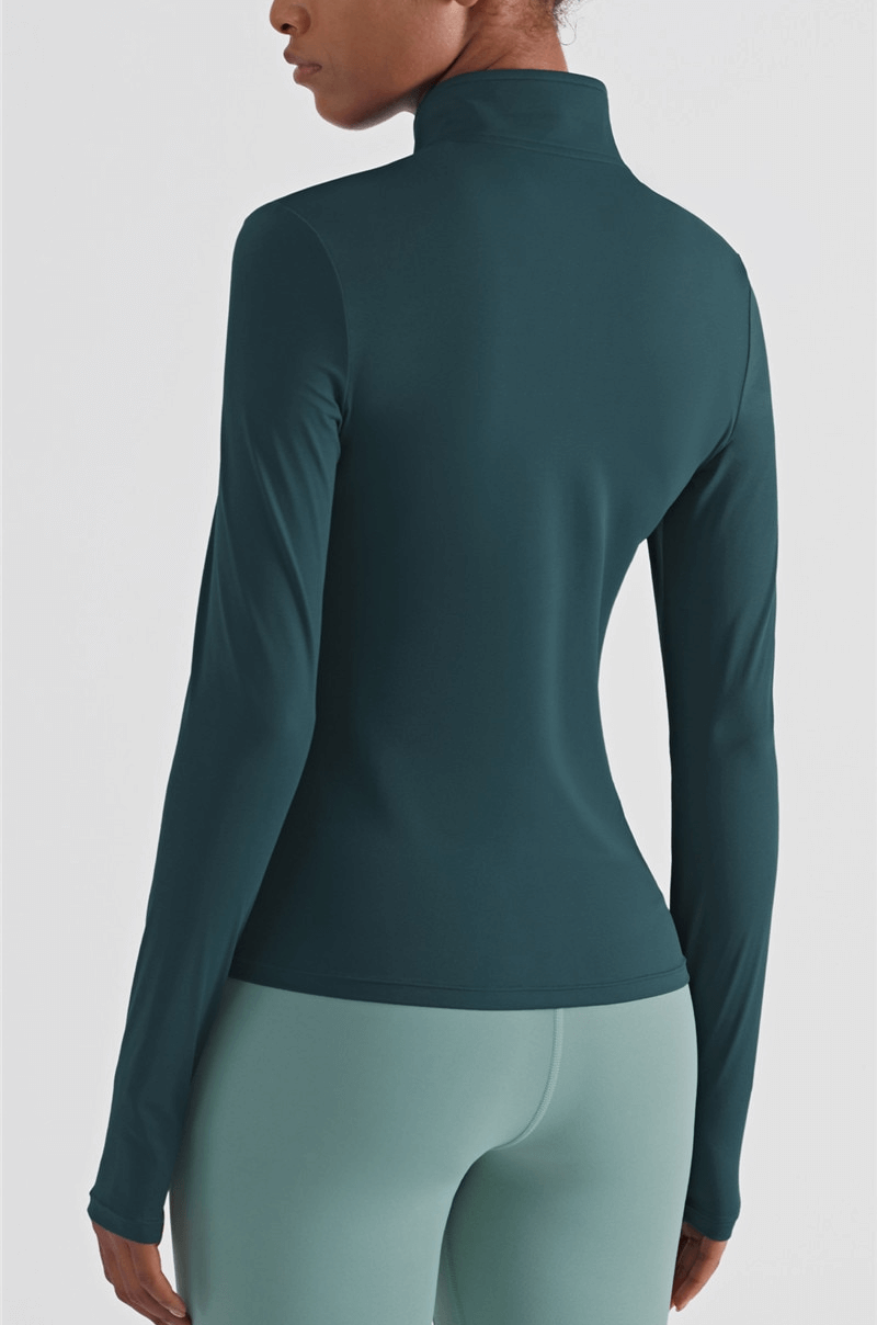 Back view of Women's Elastic Long Sleeve Fitness Sports Sweatshirt in teal with finger cut-outs and full-zip design.
